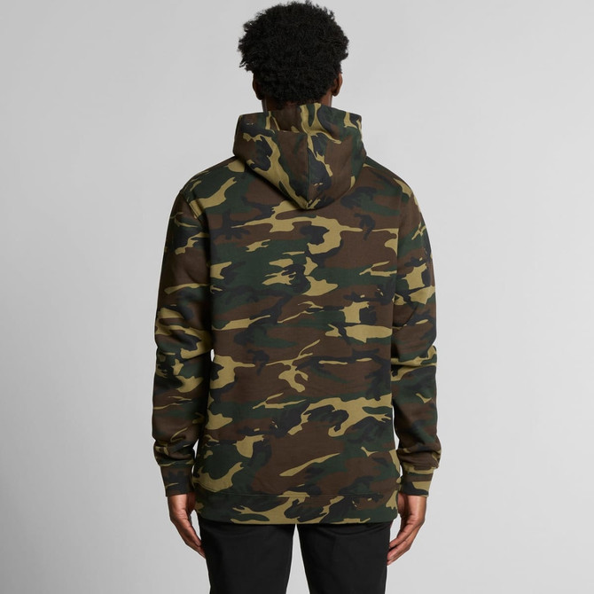 A camouflage-patterned hoodie in shades of green and brown, featuring a hood and a logo on the back.