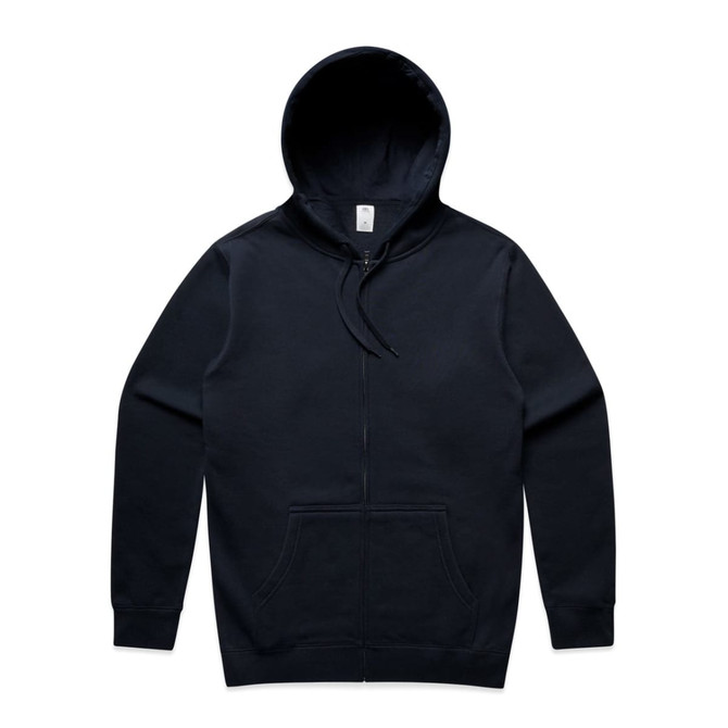 A navy blue zip-up hoodie with a drawstring hood and front pockets. It features a logo on the chest.