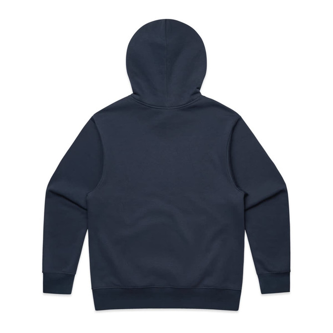 A navy blue hoodie featuring a hood and long sleeves, with a plain back and no visible logos or branding.