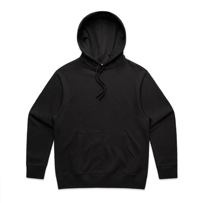 A black hoodie featuring a front pocket and a drawstring hood, with a logo present.