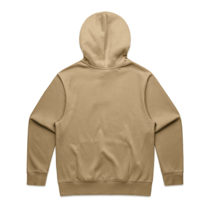 A khaki hoodie with a front kangaroo pocket and a hood, featuring a plain back design.