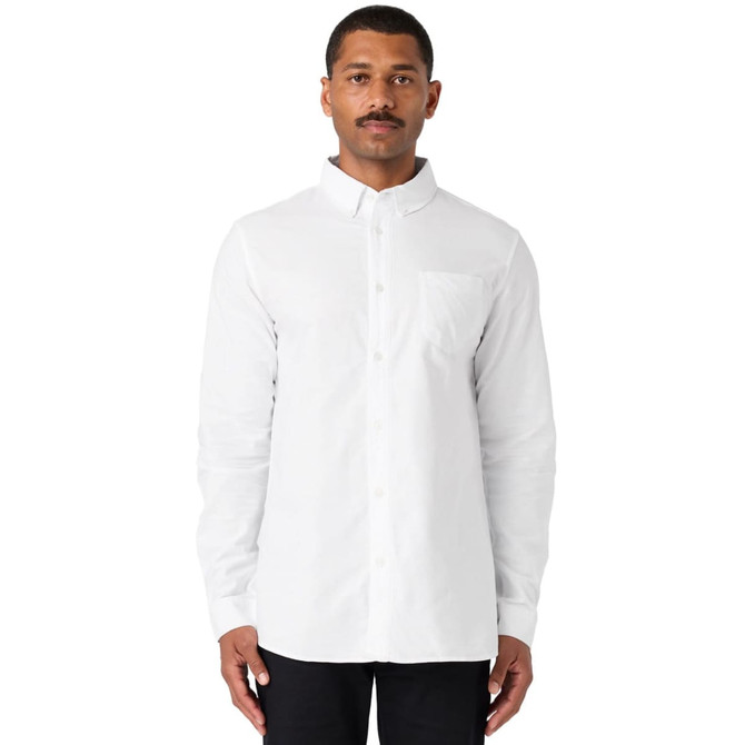 A white button-up Oxford shirt with long sleeves and a chest pocket, featuring a logo.