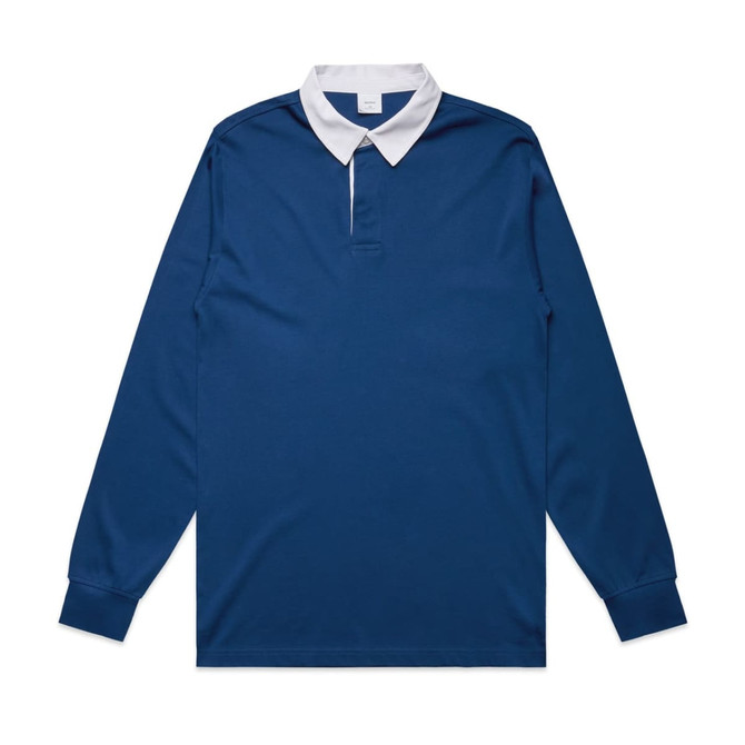 A long-sleeved rugby jersey in navy blue with a white collar and fitted sleeves, featuring a logo.