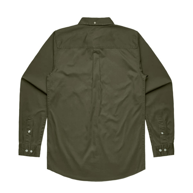 A green denim wash button-up shirt with long sleeves and a back pleat, featuring a logo.