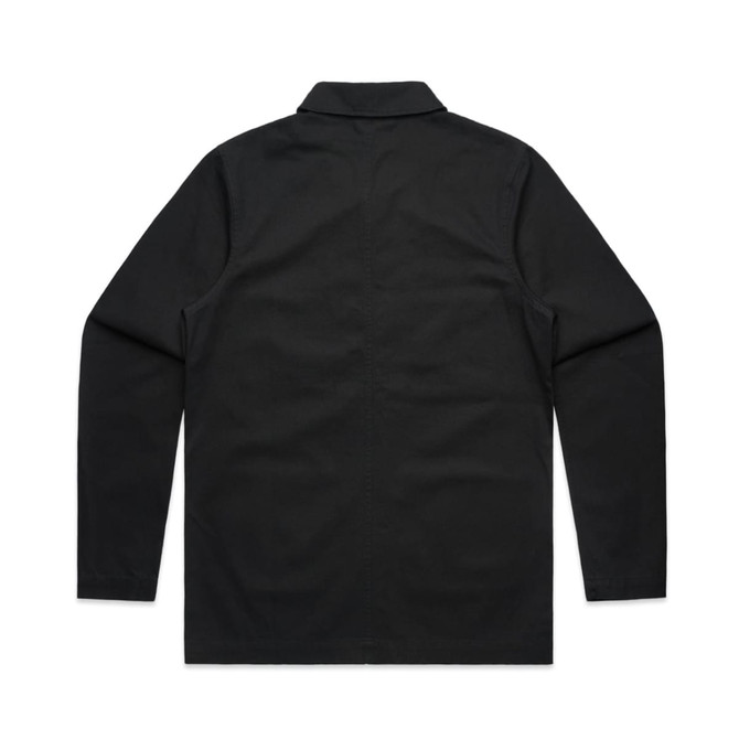 A black Chore Jacket with a collared neckline and long sleeves, featuring a logo on the fabric.