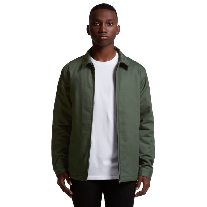 A green service jacket featuring a collar and a front zipper, worn by a model against a plain background.