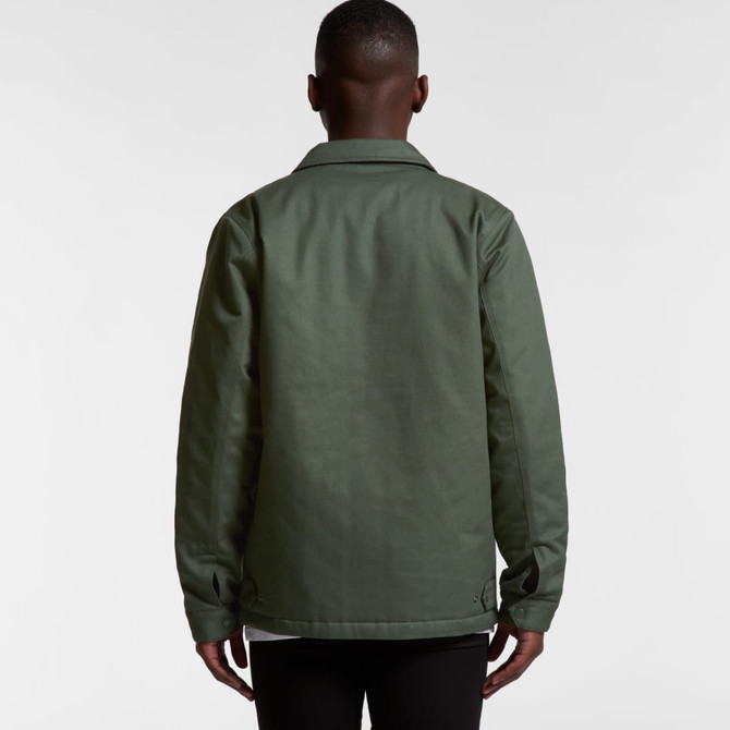 A green service jacket featuring a simple design and a logo on the back.