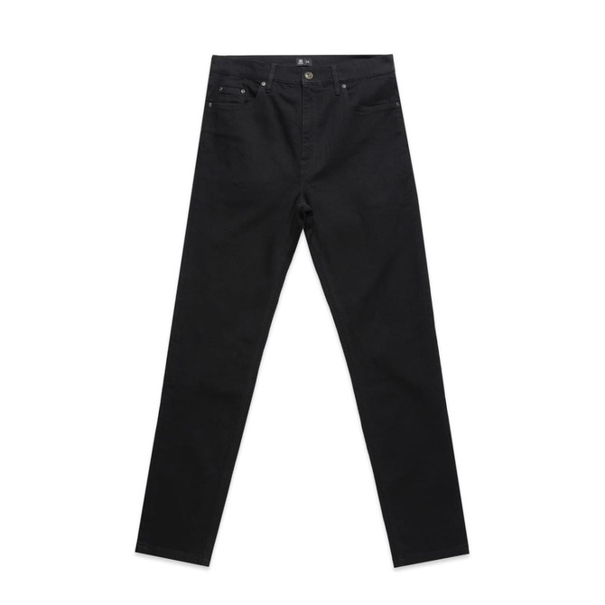Black jeans featuring a classic five-pocket design and a logo on the waistband. Suitable for various occasions.