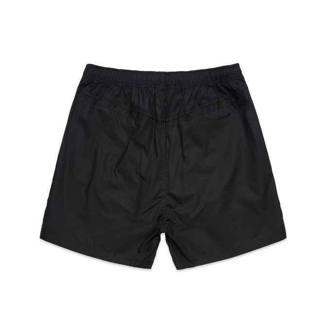 Black sports shorts with an elastic waistband and a smooth finish. Features a logo on the design.