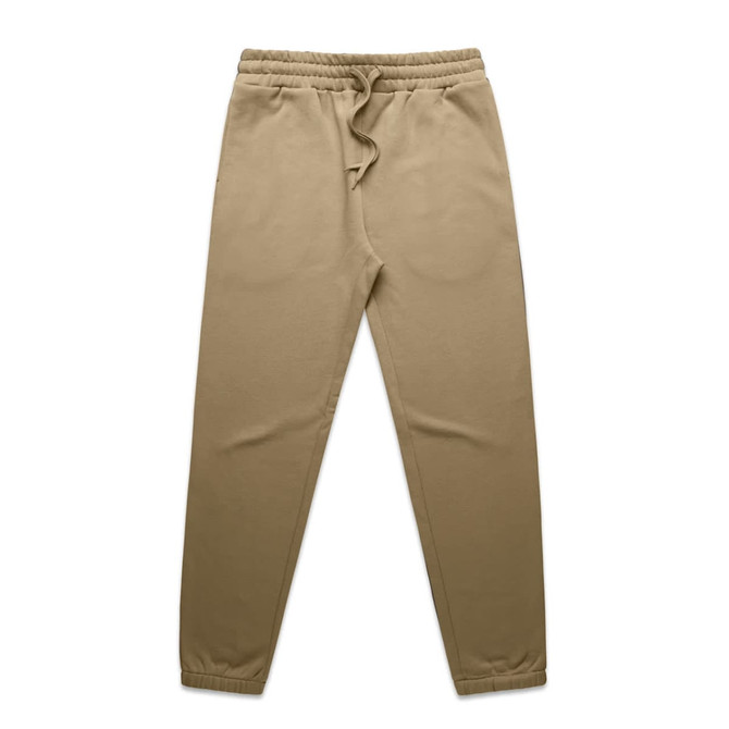Beige track pants with an elastic waistband and cuffs, featuring a logo.
