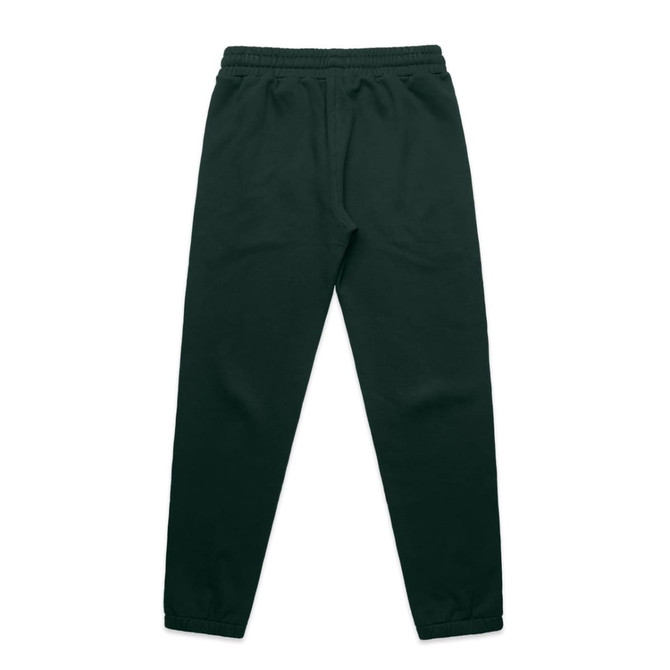 Dark green track pants with an elastic waistband and tapered legs, featuring a logo.