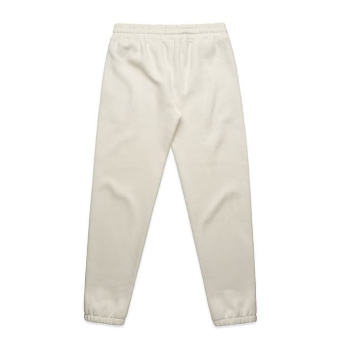 Cream-coloured track pants with an elastic waistband and cuffs, featuring a logo.