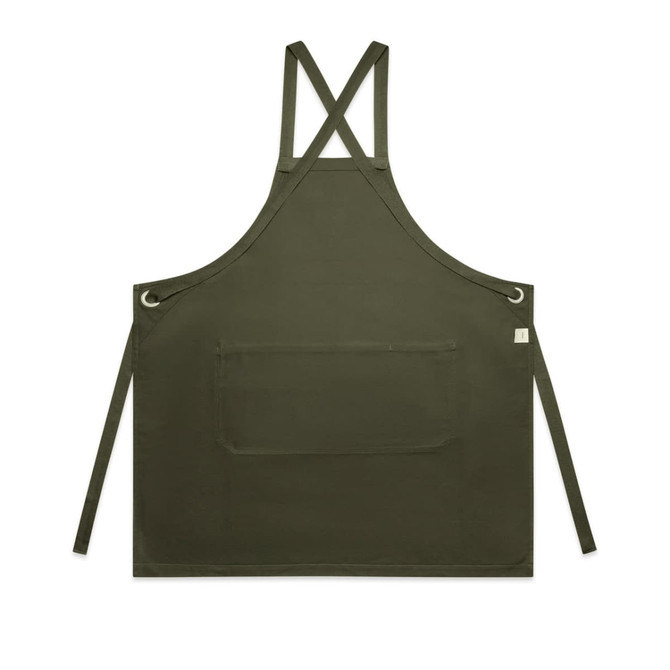 A dark green apron featuring cross-back straps and a front pocket, with a logo on the side.