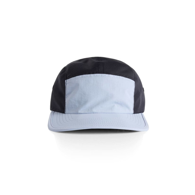 A two-tone nylon cap featuring a light blue front panel and a dark blue body, with a branded logo present.