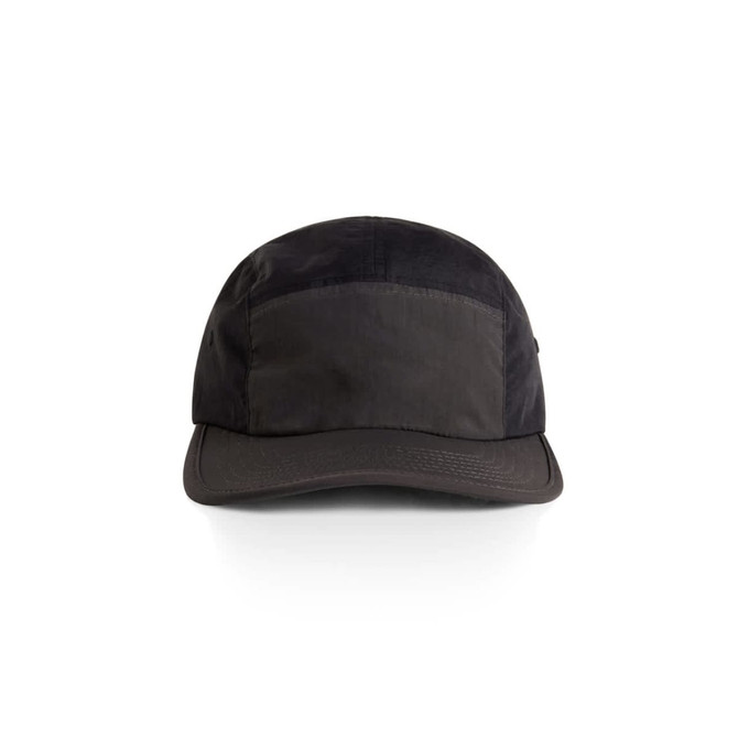 A black two-tone nylon cap with a smooth finish and a curved brim, featuring a logo on the side.
