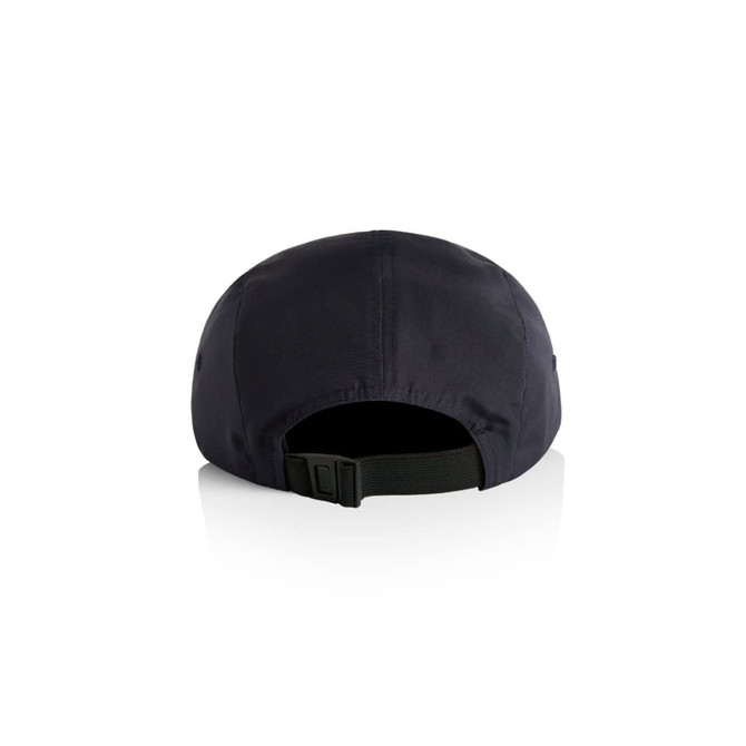 A two-tone nylon cap in black featuring a strap at the back and a logo on the side.