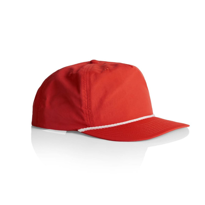 A red cap featuring a white rope detail, showcasing a structured design with a curved brim.