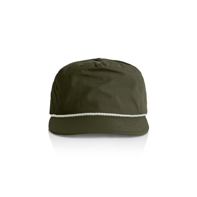 A green cap featuring a white rope detail along the brim. It has a logo on the front.