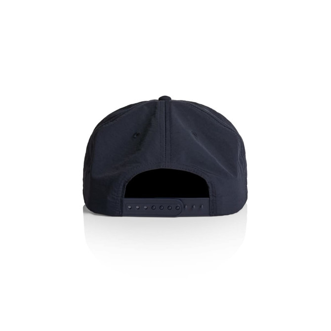 A navy blue cap featuring a rear view with an adjustable strap and branding.