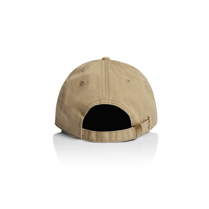 A beige five-panel cap featuring a rear adjustable strap and a logo on the side.