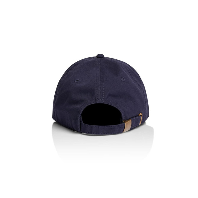 A navy five panel cap with an adjustable strap, featuring a logo on the back.