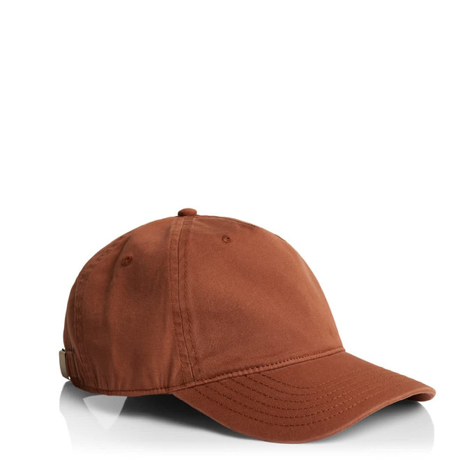 A brown five-panel cap with a curved brim and a small logo on the side.