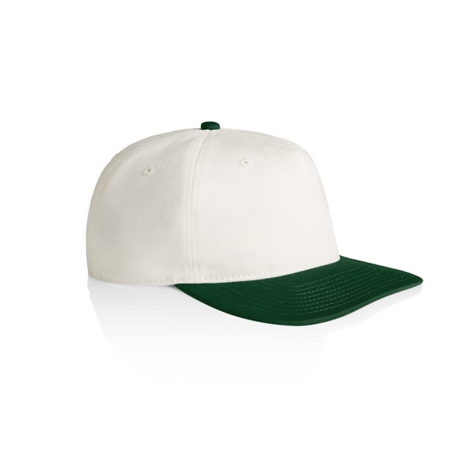 A two-tone cap featuring a white crown and dark green peak, with a logo on the front.
