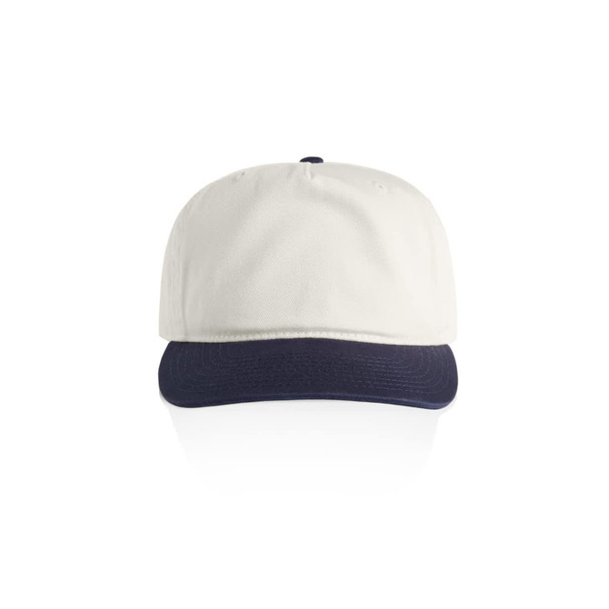 A two-tone cap featuring a white crown and a navy blue peak, complete with a logo on the front.