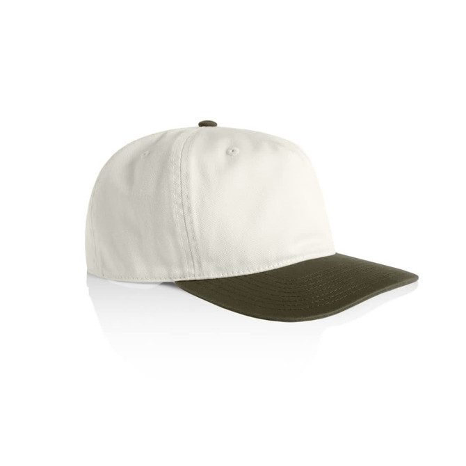 A two-tone cap featuring a cream front and an olive green peak, with a logo on the front.