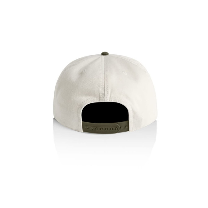 A two-tone cap in cream and olive green with a structured back and adjustable strap. Features a logo on the side.