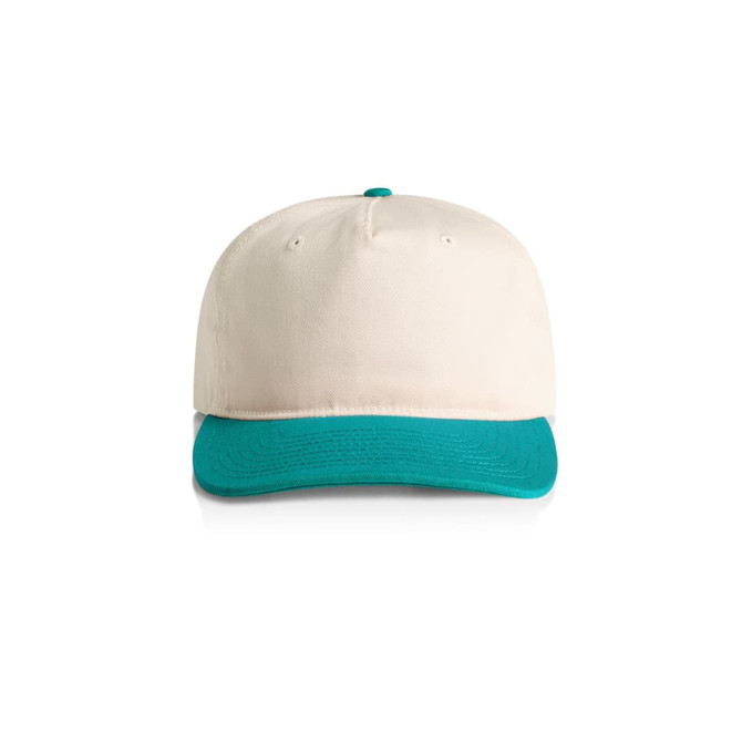 A two-tone cap featuring a cream-coloured crown and a teal visor. The cap has a logo on it.