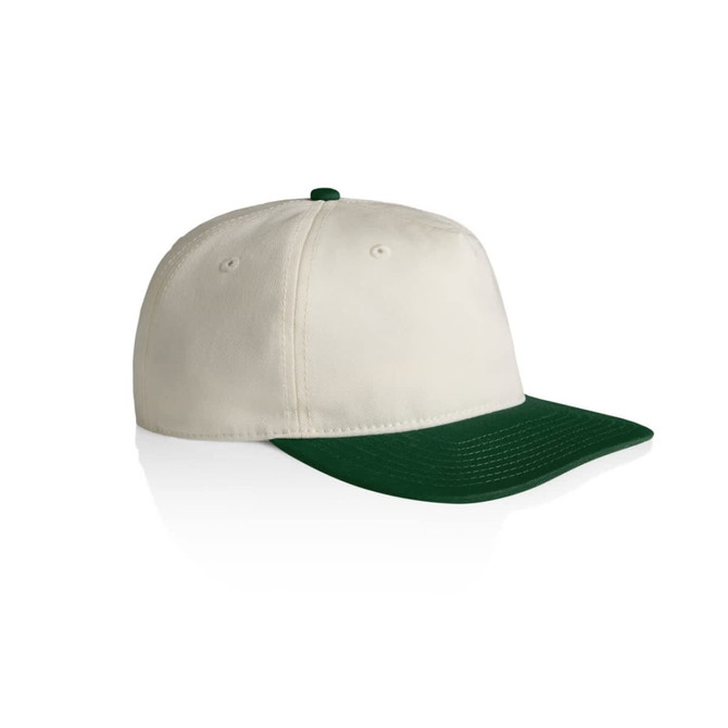 A two-tone cap featuring a cream crown and a dark green peak. It has a logo on the front.