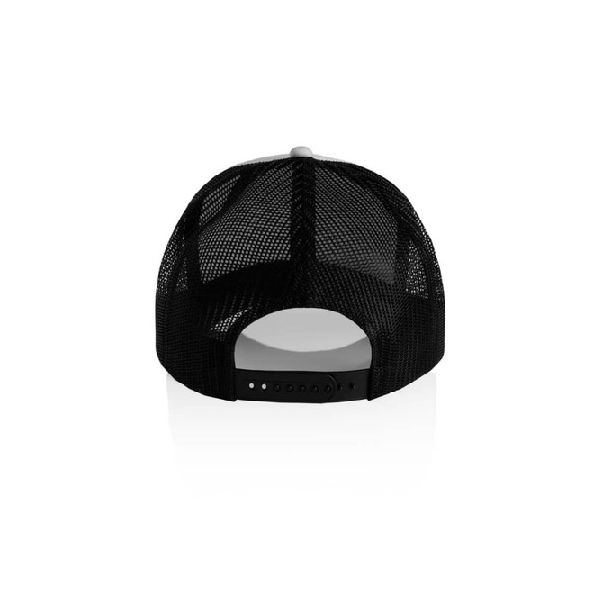 A black two-tone trucker cap featuring a mesh back and an adjustable strap. It includes a logo on the front.