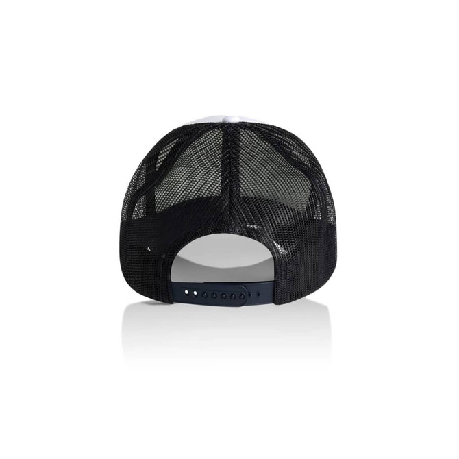 A black two-tone trucker cap with a mesh back and adjustable strap. Features a logo on the front.