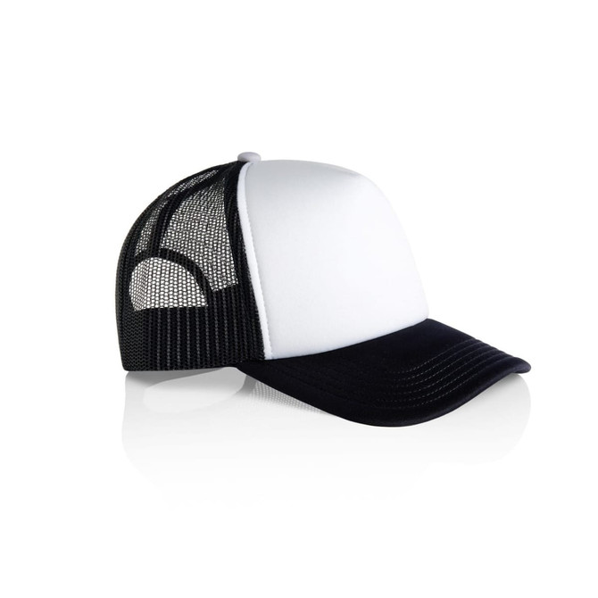 A two-tone black and white trucker cap with a mesh back and a logo on the front.