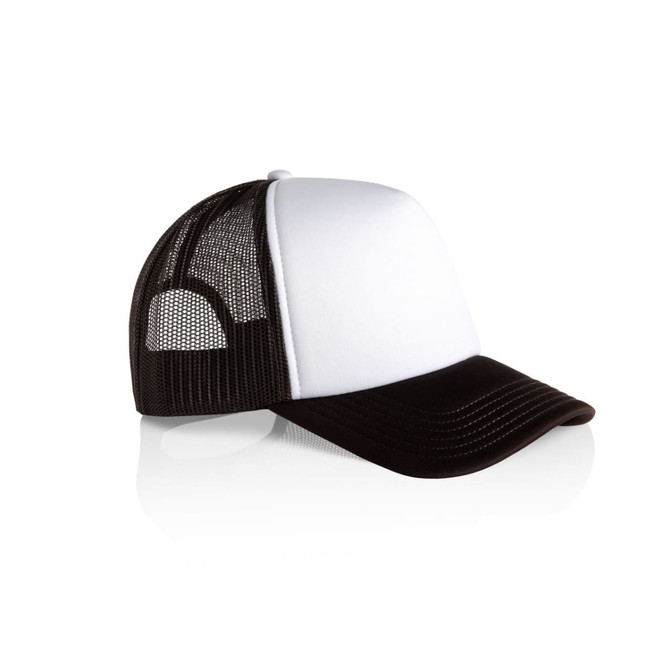 A two-tone trucker cap featuring a white front panel and black mesh back with a black brim. It has a logo on it.