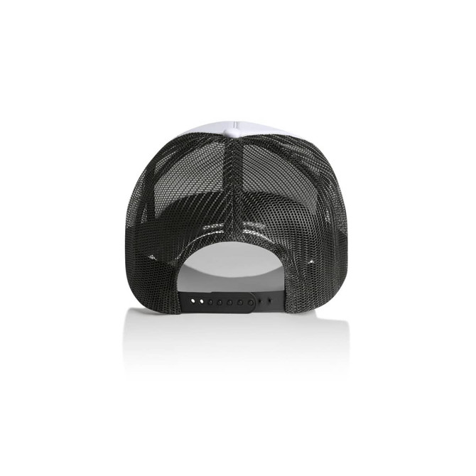 A two-tone trucker cap featuring a white front and black mesh back, complete with an adjustable snapback closure.