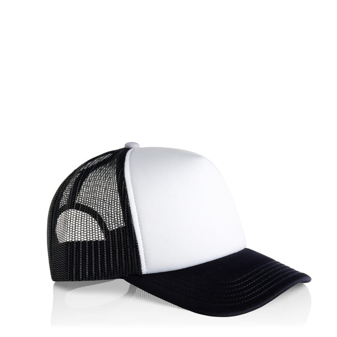 A two-tone trucker cap featuring a white front panel and black mesh sides and brim. Includes a logo on the front.