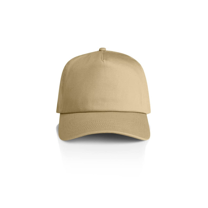A khaki soft cap with a structured front and a curved brim, featuring a logo on the front.