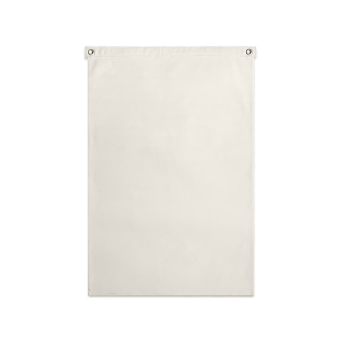 A large cream-coloured canvas flag with metal eyelets for easy hanging. It features a simple design.