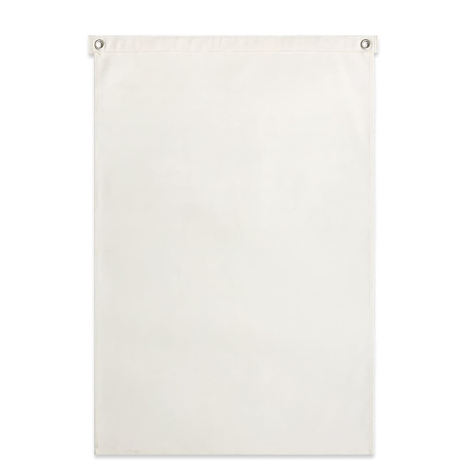A large white canvas flag featuring eyelets for hanging, ideal for exhibitions and events.
