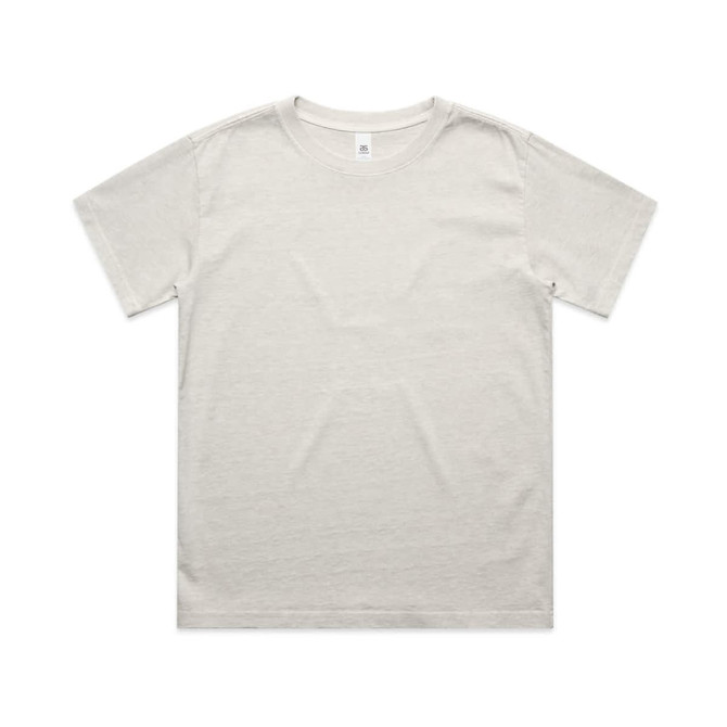 A light faded grey t-shirt with a simple design and a tag, featuring a logo on the label.