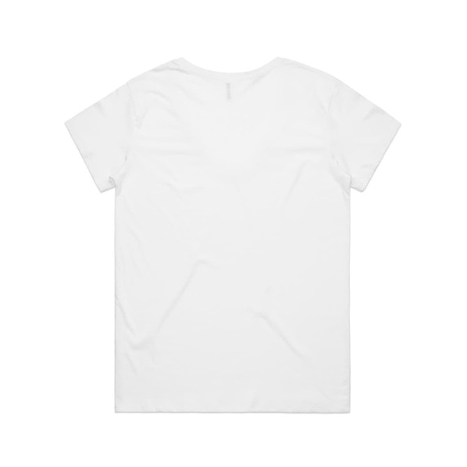 A white V-neck T-shirt featuring a simple design and a branding logo on the back.