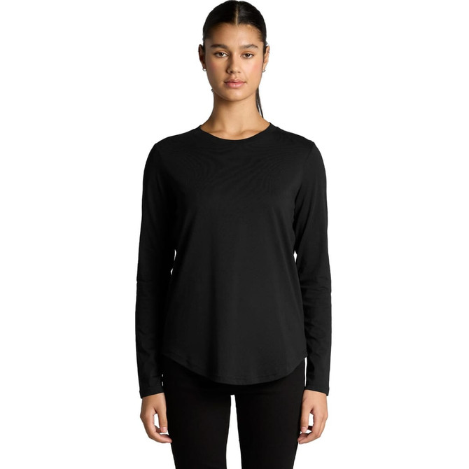 A black long-sleeve tee with a rounded hem, featuring a logo on the front.