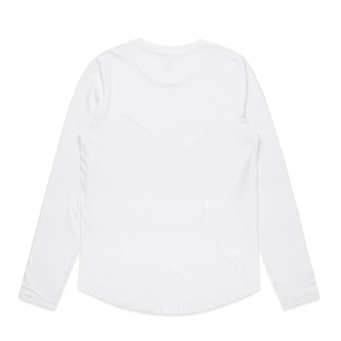 A white long-sleeve T-shirt with a curved hem and a logo on the back.