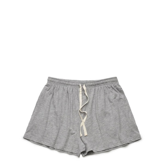A pair of grey sports shorts with an elastic waistband and drawstring. Features a logo on the waistband.
