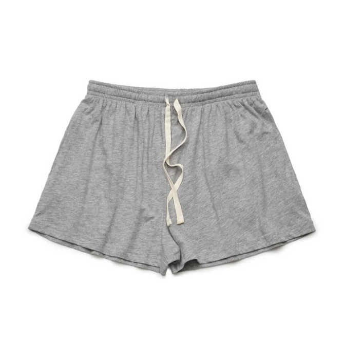 A pair of grey sports shorts with an elastic waistband and adjustable drawstring.