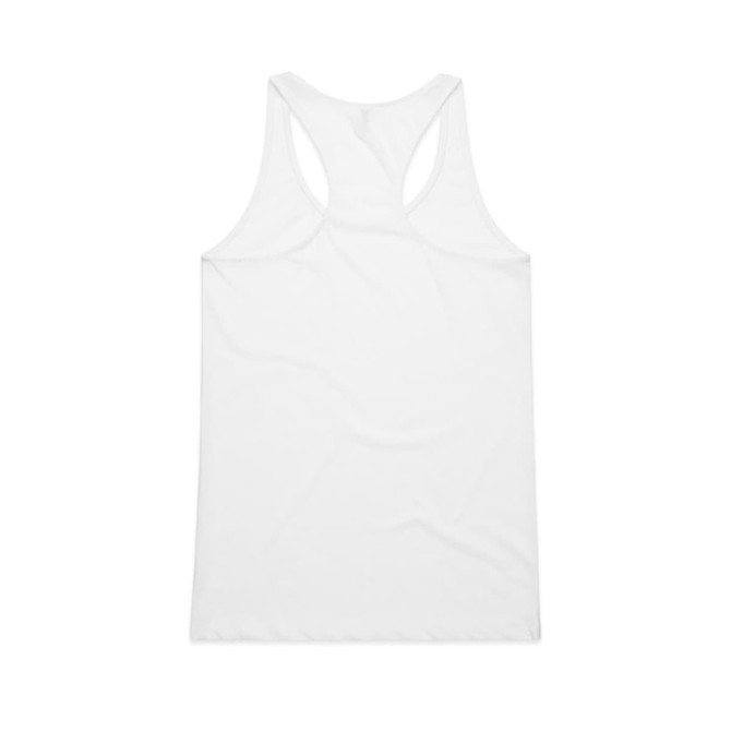 A white racerback singlet with a smooth fabric texture and a subtle branding logo.