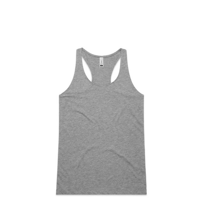 A grey racerback singlet featuring a simple design with a logo. Ideal for casual wear or exercise.