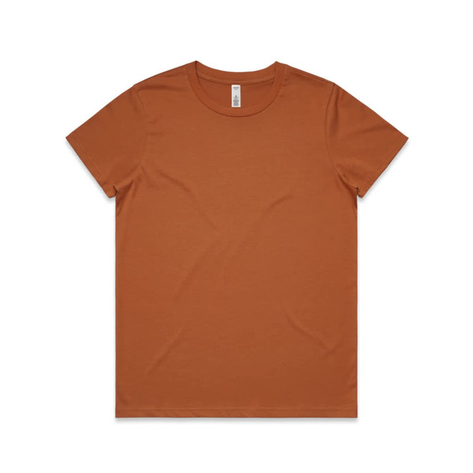A brown basic t-shirt displayed flat, featuring a crew neck and short sleeves. It has a small logo label.